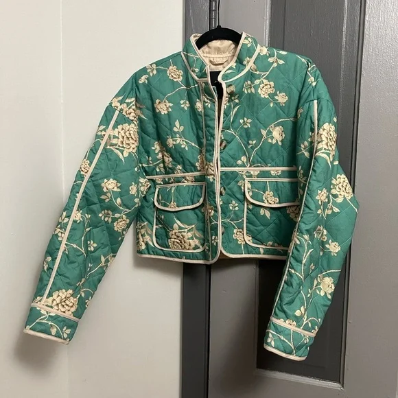 7 For All Mankind Quilted Crop Floral Print Jacket Jade Green - Picture 2 of 10
